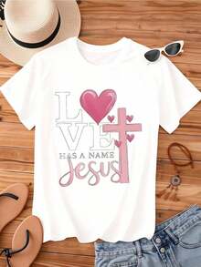 Mexican Women's Crew Neck T-Shirt With Heart And Jesus Cross Print, Short Sleeve, Casual Style, Christian Faith, For Everyday Wear And Religious Events. Summer Fashion Cotton T-Shirt - 白色 - 查看 3