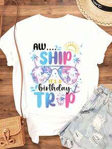 Aw Ship It's A Birthday Trip Tropical Vacation Women's T-Shirt, Summer Beach Party T-Shirt, Birthday Celebration Gift For Her, Fun Festive Clothing, 220g - Unisex Short Sleeve T-Shirt, Round Neck, Urban Vintage Style, 100% Pure Cotton - 白色 - 查看 4