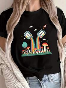 Short-Sleeved, Round-Neck T-Shirt With Fantastic Prints, Including Themes Such As Autism, ADHD, Rainbows And Mushrooms, Perfect For Casual Wear In Spring And Summer, Specially Designed For Women. - 黑色 - 查看 1