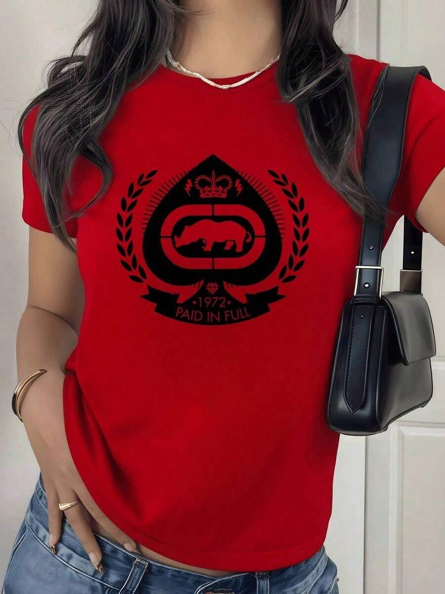 100% Cotton. Rhinoceros Framed By A Crown And Laurels, Symbolizing Strength And Pride Since 1972. Comfortable And Modern Women's T-Shirt. 100% Cotton. Women's Simple Solid Color T-Shirt, Loose And Slim Fit Casual Short Sleeve - 紅色的 - 查看 1