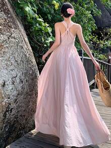 New Women's Long Summer Dress, Pink, 'pure And Sexy' Style, Elegant And Sophisticated, Holiday, Exclusive, Designer, Halter Neck, Flattering, Perfect For Vacation, Beach And Fairy Looks - 粉色 - 查看 4