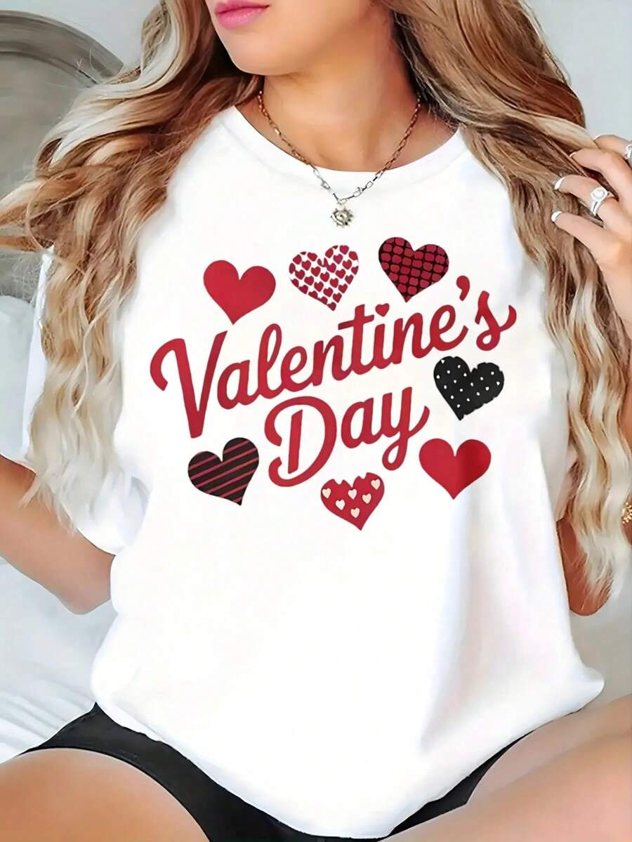 Women's Valentine's Day Blouse With Heart Print - Short Sleeve, Round Neck, Casual Top With Colorful Heart Designs, Loose Fit, Semi-Sheer, Machine Washable, Sizes S-XXL, Ideal For Everyday Wear In Spring, Summer And Autumn - 白色 - 查看 1