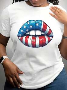 Plus-Size Women's T-Shirt With An American Flag Lip Design, Perfect For Independence Day Celebrations And Patriotic Events. Casual Everyday Wear, Crew Neck Style, Fashionable And Versatile, Machine Washable, Suitable For All Seasons. Cool Summer Clothing For Women. - 白色 - 查看 1