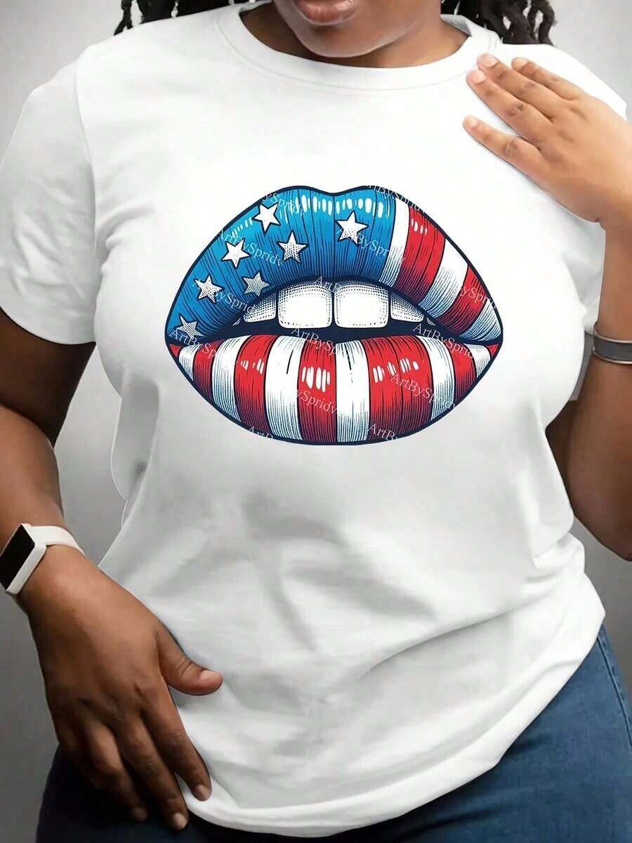 Plus-Size Women's T-Shirt With An American Flag Lip Design, Perfect For Independence Day Celebrations And Patriotic Events. Casual Everyday Wear, Crew Neck Style, Fashionable And Versatile, Machine Washable, Suitable For All Seasons. Cool Summer Clothing For Women. - 白色 - 查看 1
