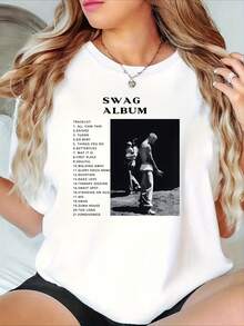 Women's Casual T-Shirt, SWAG Album Graphic Tee - White T-Shirt With Distinctive Tattoo Design, Soft Polyester Casual T-Shirt For JB Fans, Concert Merchandise And Everyday Wear, Fan Apparel, Loose Fit Top, Comfortable Material, Pullover T-Shirt, For Adults, 100% Cotton, Durable - 白色 - 查看 7