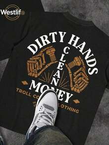 Cute Unisex Premium Casual T-Shirts, Men's Graphic Tee, Dirty Hands Clean ❤️ Money Daily Wear 100% Cotton Unisex Gift Idea For Him Or Her Urban Fashion Top - 黑色 3 - 查看 2