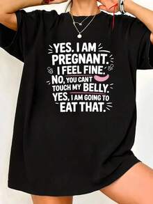 100% Cotton, 1 Piece, Plus Size, Women's Plus Size Maternity T-Shirt "YES, I'M FED UP" - Short Sleeve Blouse With Round Neck, Soft And Breathable, Suitable For Home And Outings, Machine Washable - Casual Wear. 100% Soft Cotton Women's Simple Solid Color T-Shirt, Loose And Slim Fit Casual Short Sleeve - 黑色 - 查看 1