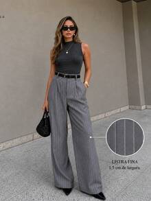 Striped Tailored Wide Leg Pants - Gris Claro - Ver 1