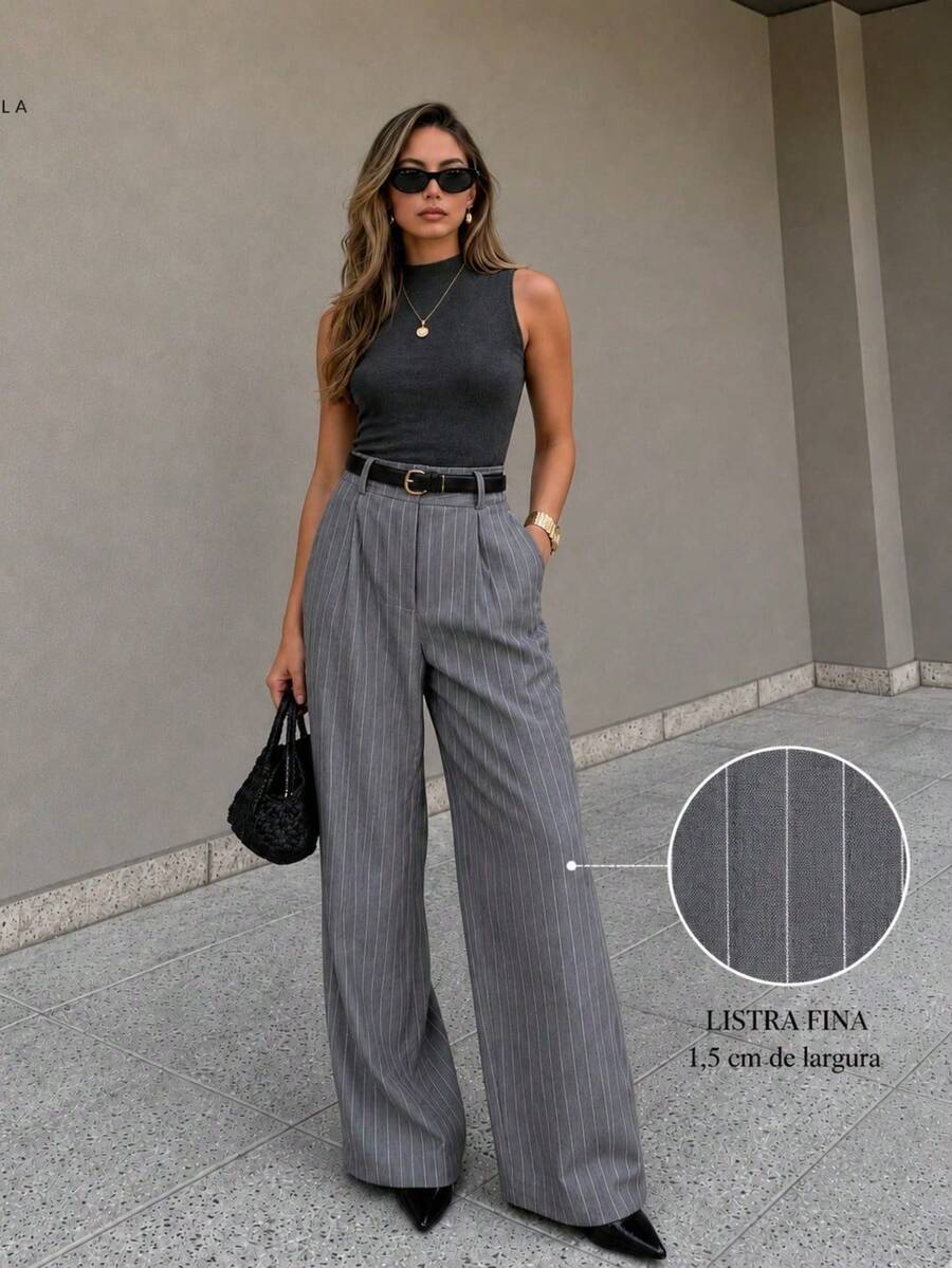 Striped Tailored Wide Leg Pants - Gris Claro - Ver 1