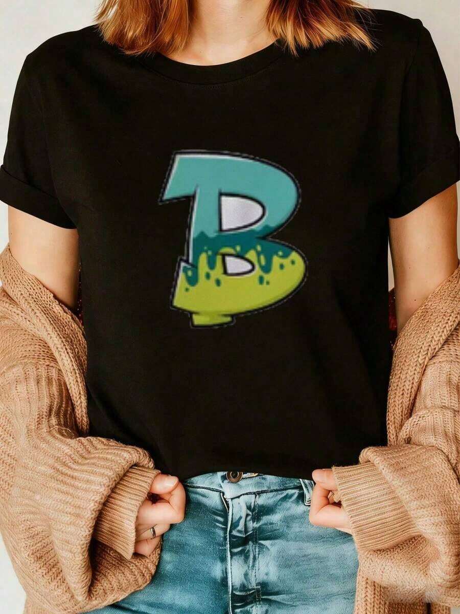Premium100% Cotton Casual Daily Suit For And Wo, Featuring A Blue-Green Drip-Pattern Black Short-Sleeve T-Shirt With A Stylish 'B' Design, Paired With A Beige Cardigan And Blue Jeans. Wo's Simple Solid Color T-Shirt, Loose And Slim Fit Casual Short SleeveGift Idea - 黑色 - 查看 1