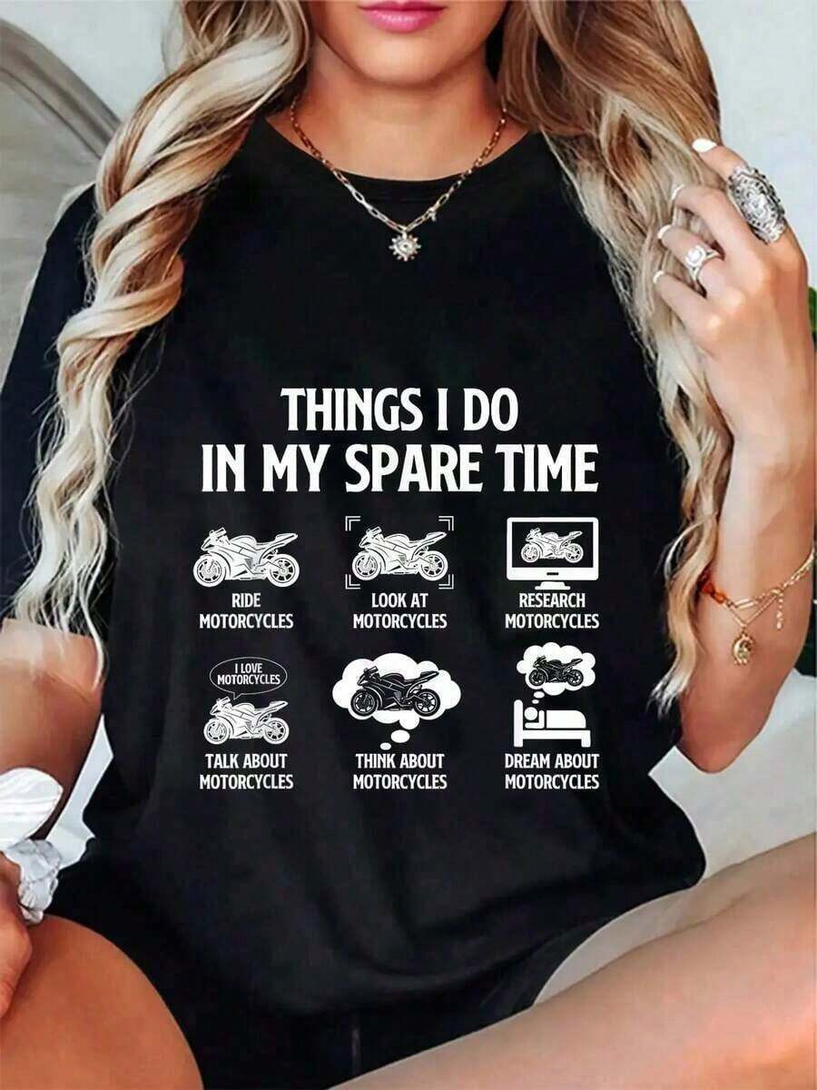 Premium Minimalist T-Shirt 100% Cotton 'Things I Do In My Free Time' - Men's Biker T-Shirt, Summer, Comfortable, Soft, Crew Neck, Loose Fit, Casual Short Sleeve, Simple Solid Color T-Shirt For Men, Loose Fit, Casual Short Sleeve, Gift Idea - 黑色 - 查看 1