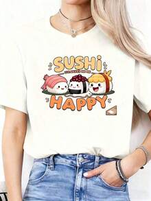 2026 New Cotton-Shirt 100% Cotton 1 Piece Of Women's Short Sleeve T-Shirt With Fun Cartoon Rice Ball Print, Round Neck, Suitable For: Sporting Events/Christmas Parties/Outings/Sports And Other Holiday Gifts. % Cotton. Simple Solid Color Women's T-Shirt, Loose And Fitted Cut, Casual Short Sleeve. - 白色的 - 查看 4