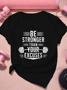 Camiseta Deportiva de Manga Corta para Mujer, Talla Grande, Estilo Holgado, Motivación Fitness - Negro - Ver 6