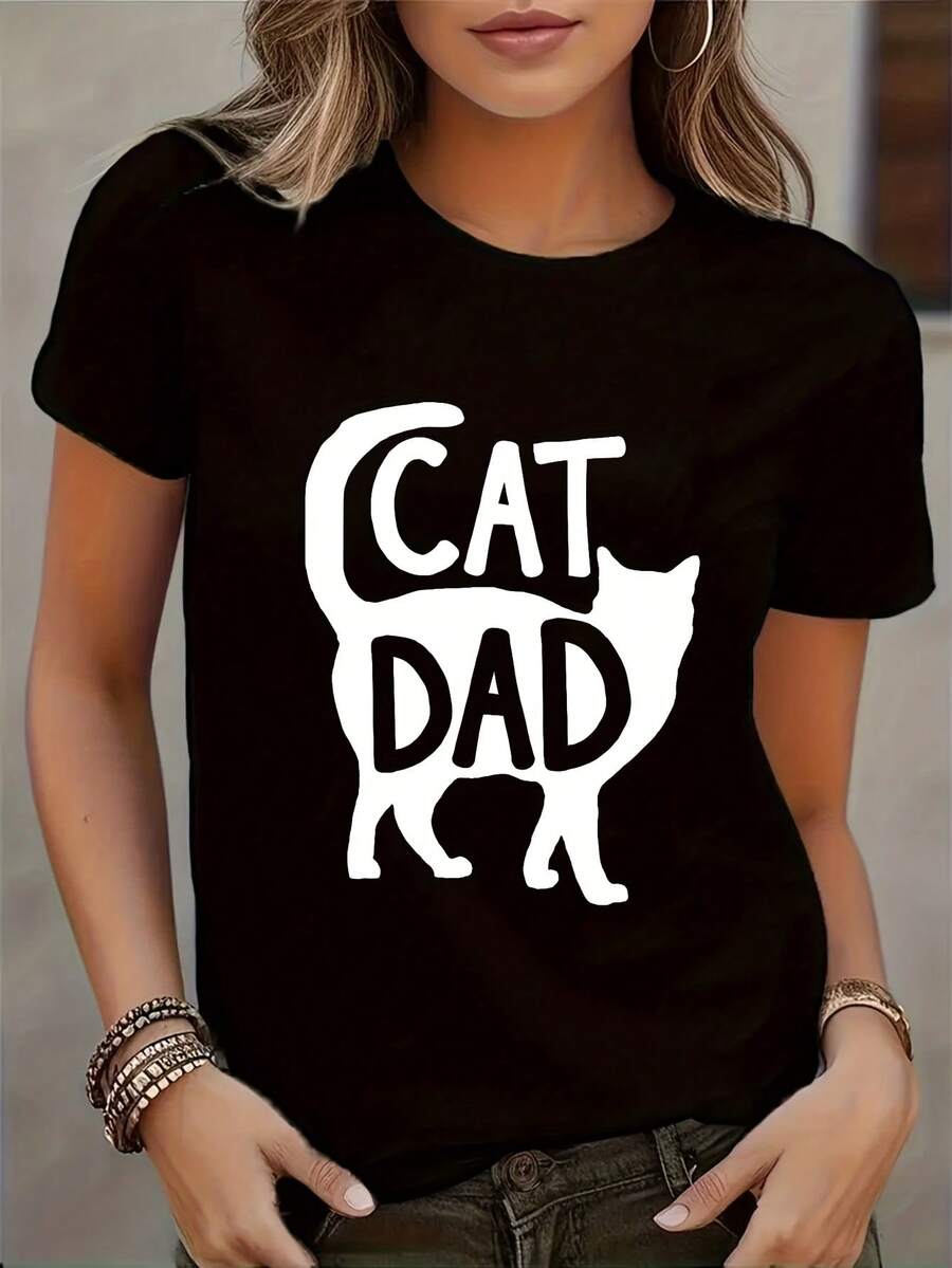 Father's Day Printed T-Shirt, Round Neck, Short Sleeve, Casual Style, Spring Summer, Casual Wear, Women's T-Shirt, Elegant Party Outfit, Elegant Ladies T-Shirt, Blouses Suitable For Curvy Women, Casual Clothing, Cool And Sweat-Free Summer Clothes, Fun Letter Print - 黑色 - 查看 1
