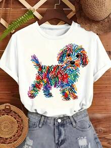 Women's Short Sleeve T-Shirt With Puppy Print And Rainbow Stripes | White Base With Creative Graffiti Style Pet Pattern + Adorable Rejuvenating Design, Loose And Breathable T-Shirt For Pet Lovers, Women's T-Shirt - 白色 - 查看 3