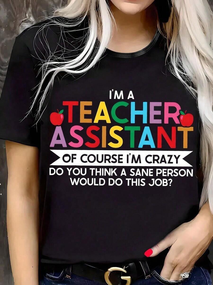 Women'S Casual T-Shirt With "I'm A Teacher Assistant" Graphic - Black, Round Neck, Short Sleeve, Comfortable Knit Top For All Seasons, Casual Wear | Playful Print | Stretchy Fabricblusas para mujer>ropa - Negro - Ver 1