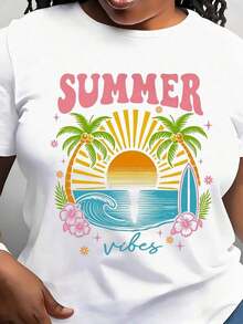 TrendyWomen's White T-Shirt - Graphic Tee With Summer Print And Pastel Pink And Yellow Lettering - Tropical Beach Vacation T-Shirt - Breathable Summer Essential, Beach T-Shirt, Sunset Design T-Shirt, Non-See-Through Material For Everyday Wear - 白色 - 查看 1