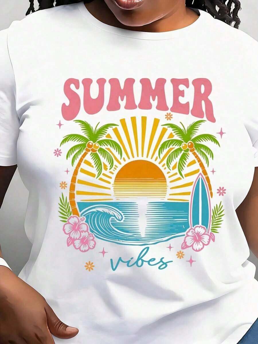 TrendyWomen's White T-Shirt - Graphic Tee With Summer Print And Pastel Pink And Yellow Lettering - Tropical Beach Vacation T-Shirt - Breathable Summer Essential, Beach T-Shirt, Sunset Design T-Shirt, Non-See-Through Material For Everyday Wear - 白色 - 查看 1