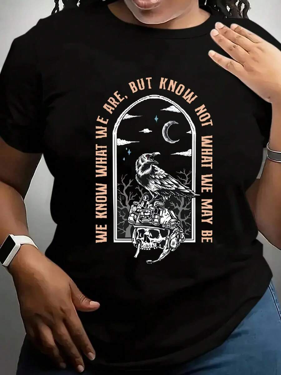 Women's Short-Sleeved T-Shirt With Crow And Skull Print, Casual Black Round Neck T-Shirt, Elastic, Machine Washable, Suitable For Sports And Leisure In Spring/Summer/Autumn. - 黑色 - 查看 1