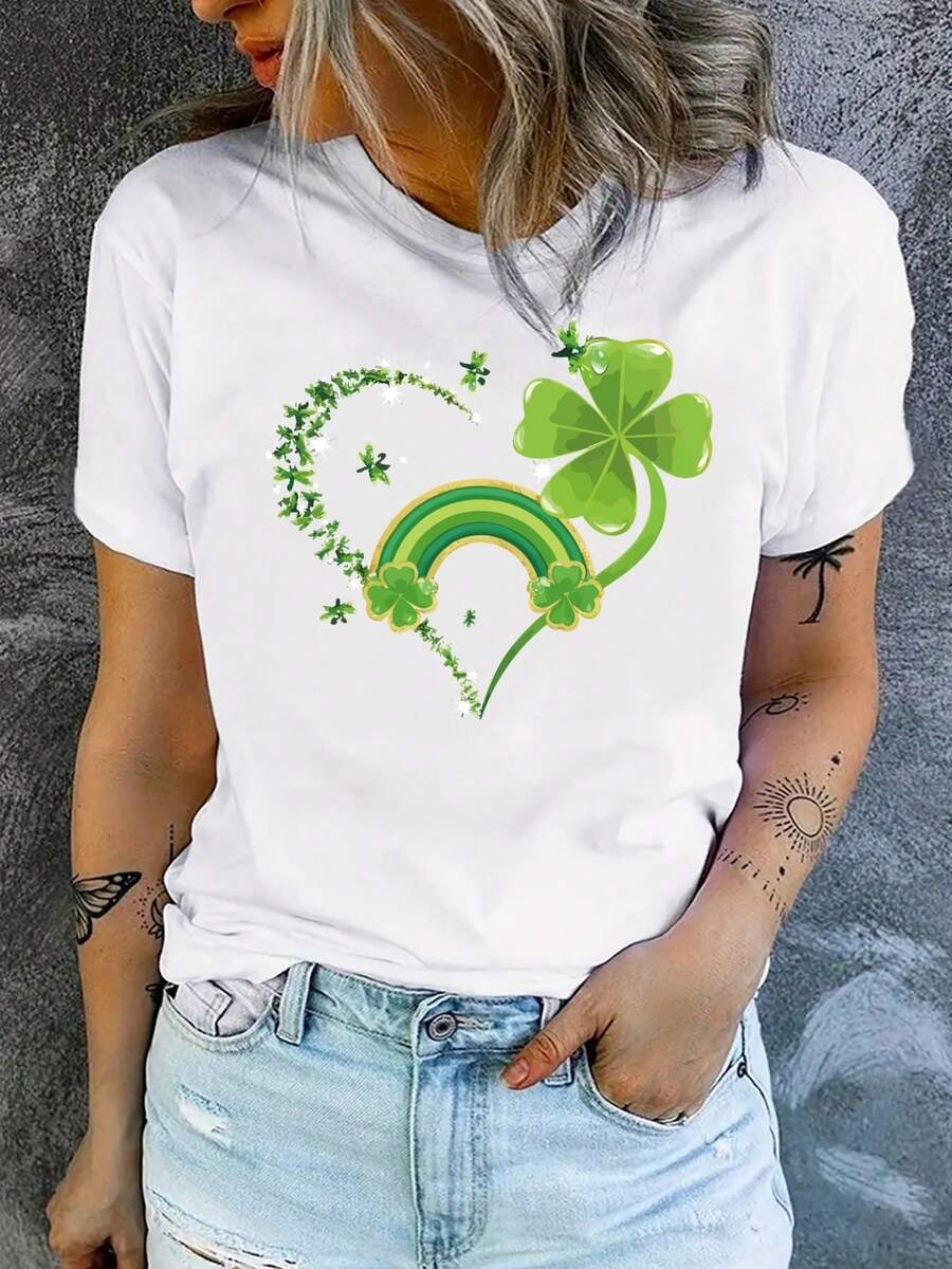 Women's T-Shirt With Clover And Rainbow Print, Short Sleeve, Comfortable Fit, Matching Sets For Sisters, Essential For Outdoor Travel, Women's T-Shirt, Spring/Summer T-Shirt. - 白色 - 查看 1