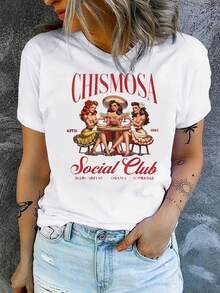 Estilo mexicano, estampado vintage de chica, camiseta casual de manga corta para mujer, cómoda y bien ajustada, perfecta para combinar atuendos con amigas, esencial para viajes al aire libre, camiseta de mujer, camiseta de primavera y verano. - Blanco - Ver 6