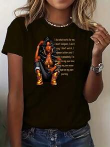 Be Yourself, Independent Woman Print, Casual Short Sleeve T-Shirt For Women, Comfortable And Well-Fitting, Matching Sets For Sisters, Essential For Outdoor Travel, Women's T-Shirt, Spring And Summer T-Shirt. - 白色 - 查看 6