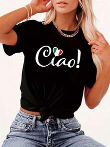 Soft 100% Cotton T-Shirt. Stylish Italian Ciao! Heart Print T-Shirt | Women's Casual Short Sleeve Crew Neck T-Shirt, Stretchy, Washable, Comfortable Fit For All Seasons, Breathable, Cotton, Versatile And Cool - 黑色 - 查看 3