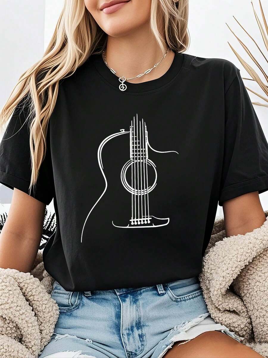 Women's T-Shirts - This Minimalist Style Set, With Simple Lines And A Guitar Print, Is A Plus-Size Women's Casual Crew Neck T-Shirt, Perfect For Spring And Summer, Offering A Creative Style For Everyday Outings. - 黑色 - 查看 1