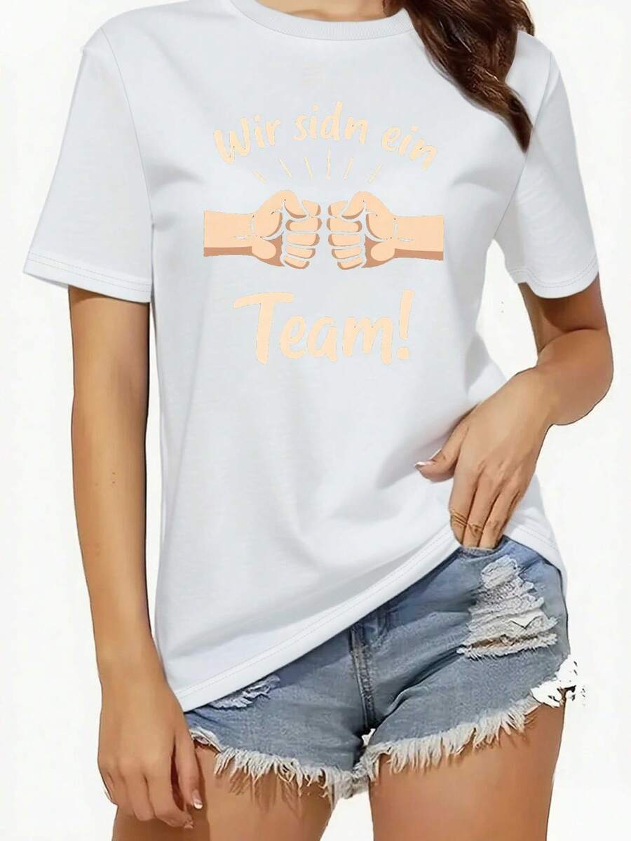 Women's Inspirational T-Shirt With The German Phrase "We Are A Team!" - Comfortable Fit, Casual Crew Neck, Short Sleeves, Featuring The Colors Of The German Flag And A Team Uniform Design, Suitable For Training, Team Activities, And Casual Wear - Casual T-Shirt Suitable For All Seasons, Size S, And Casual Use - Geo - 白色 - 查看 1