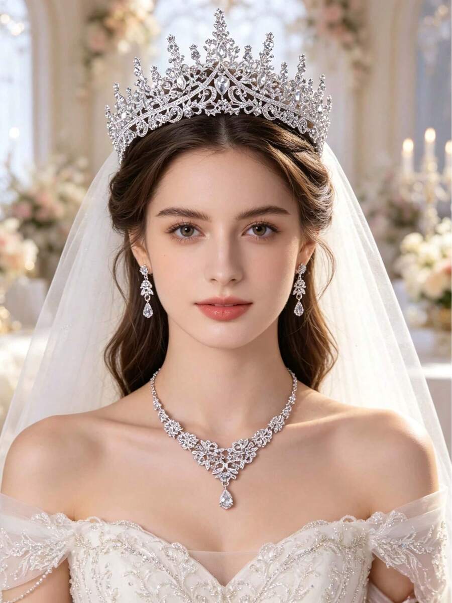 3件套新娘水钻皇冠首饰套装，银色头饰，项链和耳环，适合婚礼佩戴。新娘时尚首饰套装