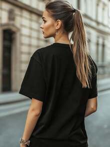 Women's T-Shirt With "Mother" Text Print, Black, Short Sleeve, Round Neck, Soft And Attractive Design (Pants Not Included), Casual, Cool And Breathable, Eye-Catching Personality, Chaoku Bohemian Urban Retro Style, "Millennium Spicy Girl" Style Blouse, Suitable For Daily Leisure And Relaxed Style, Women's Going Out Blouse - 黑色 - 查看 3