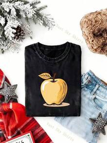 Washed Cotton T-Shirt, Round Neck, Casual Party Style, Unisex, Retro Y2K Style, Short Sleeve T-Shirt, Yellow Apple Print (With Petals), Suitable For Family Gatherings, Religious Services, Parties, Christmas Gifts, Light Blue Denim Style, Women's Casual Printed T-Shirt, Short Sleeve And Round Neck, Spring/Summer Local Urban Fashion. - 黑色 - 查看 6