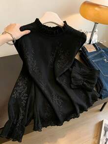 Women's Solid Color Ruffle Collar Top, Suitable For Evening Dates Black, Elegant - Black - View 1