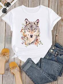 Camiseta con estampado de lobo en acuarela, camiseta con diseño de lobo vintage, hermosa camiseta con estampado de animales que recuerda una pintura de acuarela, un regalo para los amantes de la naturaleza, camiseta de arte abstracto - [Blanco] - Ver 2