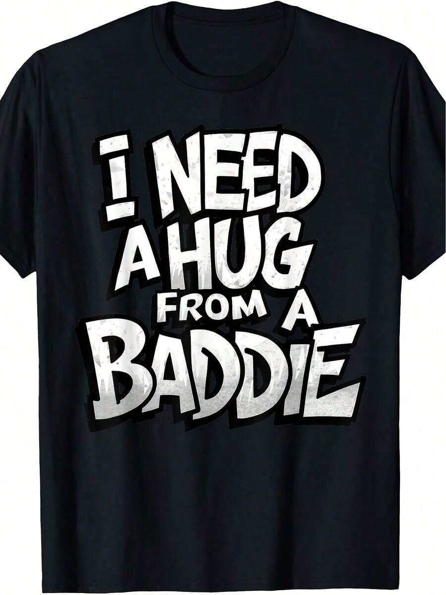 Men's Funny Retro Print T-Shirt "I Need A Bad Boy Hug" - Soft, Breathable, Loose Fit, Short Sleeve And Crew Neck, Suitable For Parties And Everyday Casual Wear, Humorous T-Shirt That Can Be Combined With Everyday Outfits Or Themed Events - 黑色 - 查看 1