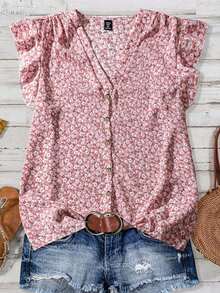 Clasi Blusa de mujer de verano con cuello en V y mangas cortas con estampado floral - Multicolor 3 - Ver 1