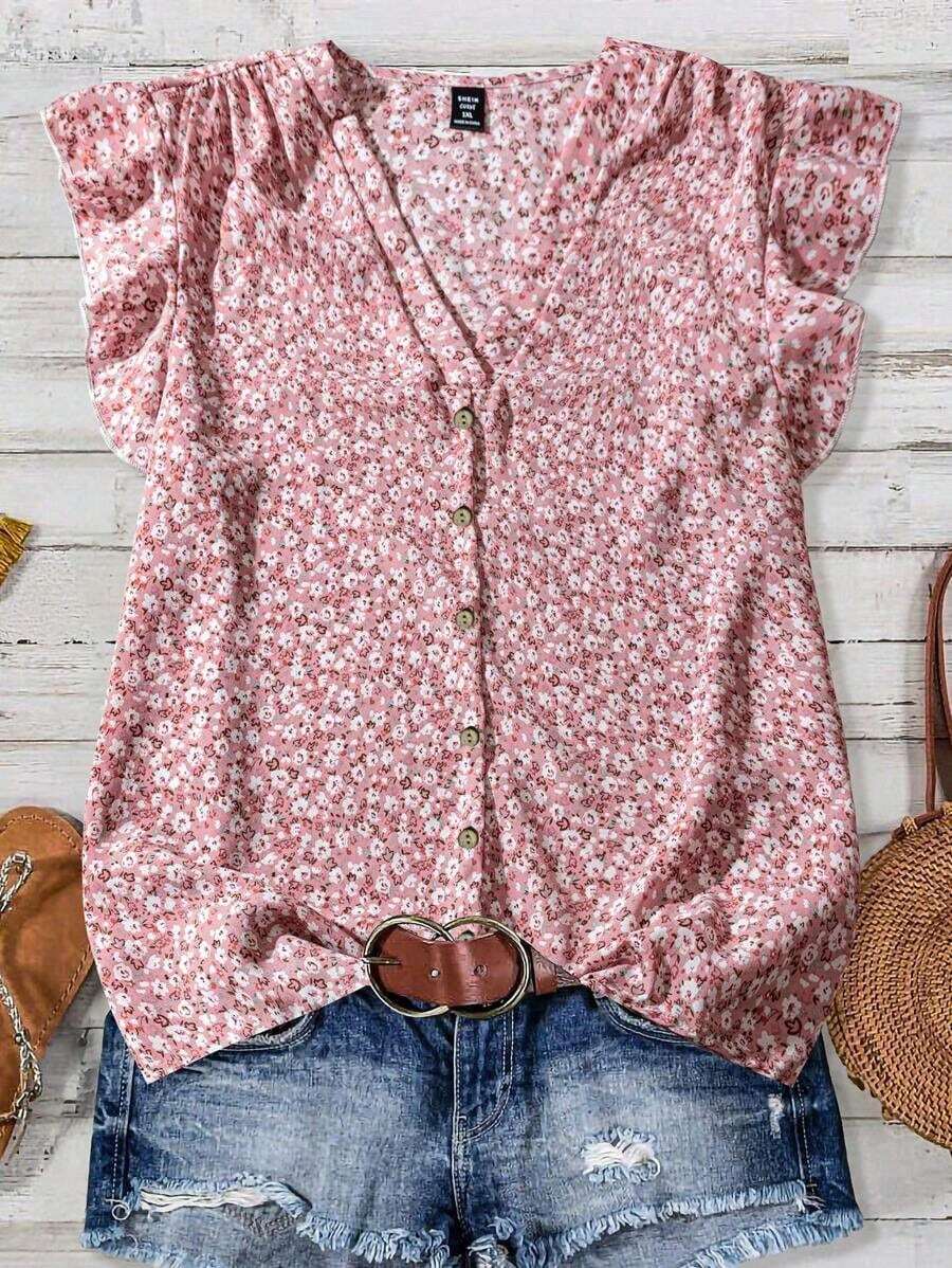 Clasi Blusa de mujer de verano con cuello en V y mangas cortas con estampado floral - Multicolor 3 - Ver 1