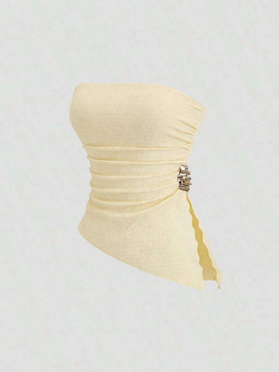 Top corto sexy de mujer con detalle fruncido y abertura lateral - Albaricoque - Ver 1