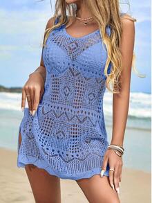 Vestido de punto con abertura lateral sexy de unicolor, vestido de playa para vacaciones, cita de primavera/verano, cubre bikini de ganchillo hueco (bikini no incluido) negro - azul claro - Ver 1