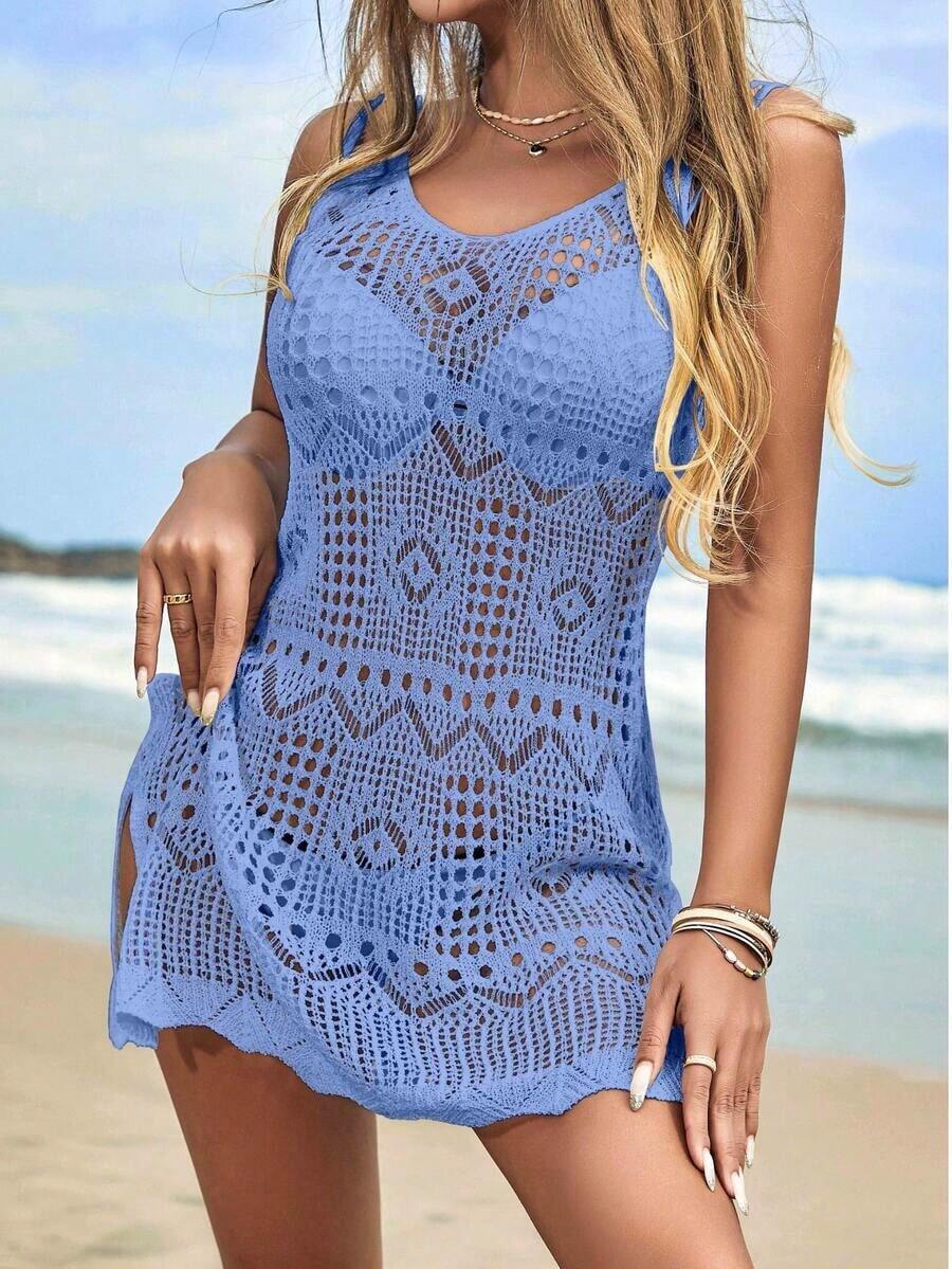 Vestido de punto con abertura lateral sexy de unicolor, vestido de playa para vacaciones, cita de primavera/verano, cubre bikini de ganchillo hueco (bikini no incluido) negro - azul claro - Ver 1