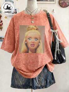 de mujer talla grande con muñeca sorprendida, cuello redondo, manga corta, casual, para primavera/verano/otoño, tops de vacaciones de verano - Naranja - Ver 3