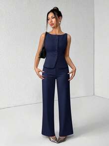 PETITE Conjunto de chaleco y pantalones de un solo pecho de unicolor con cuello redondo, elegante traje de oficina para mujer, ropa de mujer de verano y otoño, conjunto de oficina, ropa casual de negocios, conjunto de dos piezas, ropa de oficina de otoño para mujer, conjunto de blazers para mujer - Azul marino - Ver 4