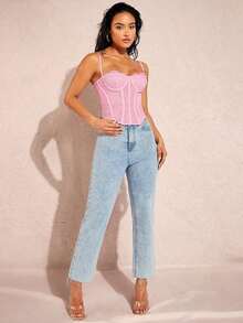 Top de tirantes bustier ribete con encaje - Rosa - Ver 3