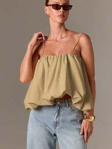 Top de camisola fruncido estilo bohemio con bajo abombado y tirantes ajustables para un estilo casual de verano - Beis - Ver 4