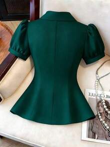 CURVE Blusa de manga de pétalo con lazo decorativo, casual/para el trabajo, talla grande de verano - Verde Oscuro - Ver 2
