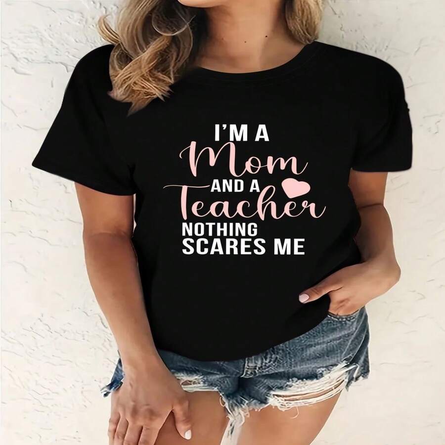 Camiseta casual de algodón para mujer con estampado de "Maestra Mamá", manga corta, cuello redondo y corte regular. - Negro - Ver 1