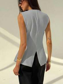 Chaleco casual de verano con botones delanteros y estampado de lunares para mujer - Celeste - Ver 2