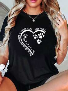 1 pieza exclusiva para amantes de las mascotas: Camiseta de mujer de talla grande, estilo casual, cuello redondo, para primavera/verano, con estampado de huellas de pata "El camino a mi corazón está pavimentado con HUELLAS DE PATAS", 180g, 100% algodón. - Negro - Ver 1