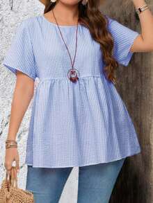 de manga corta con cuello redondo y estampado de rayas, apropiadas para el verano, tallas grandes - azul real - Ver 8
