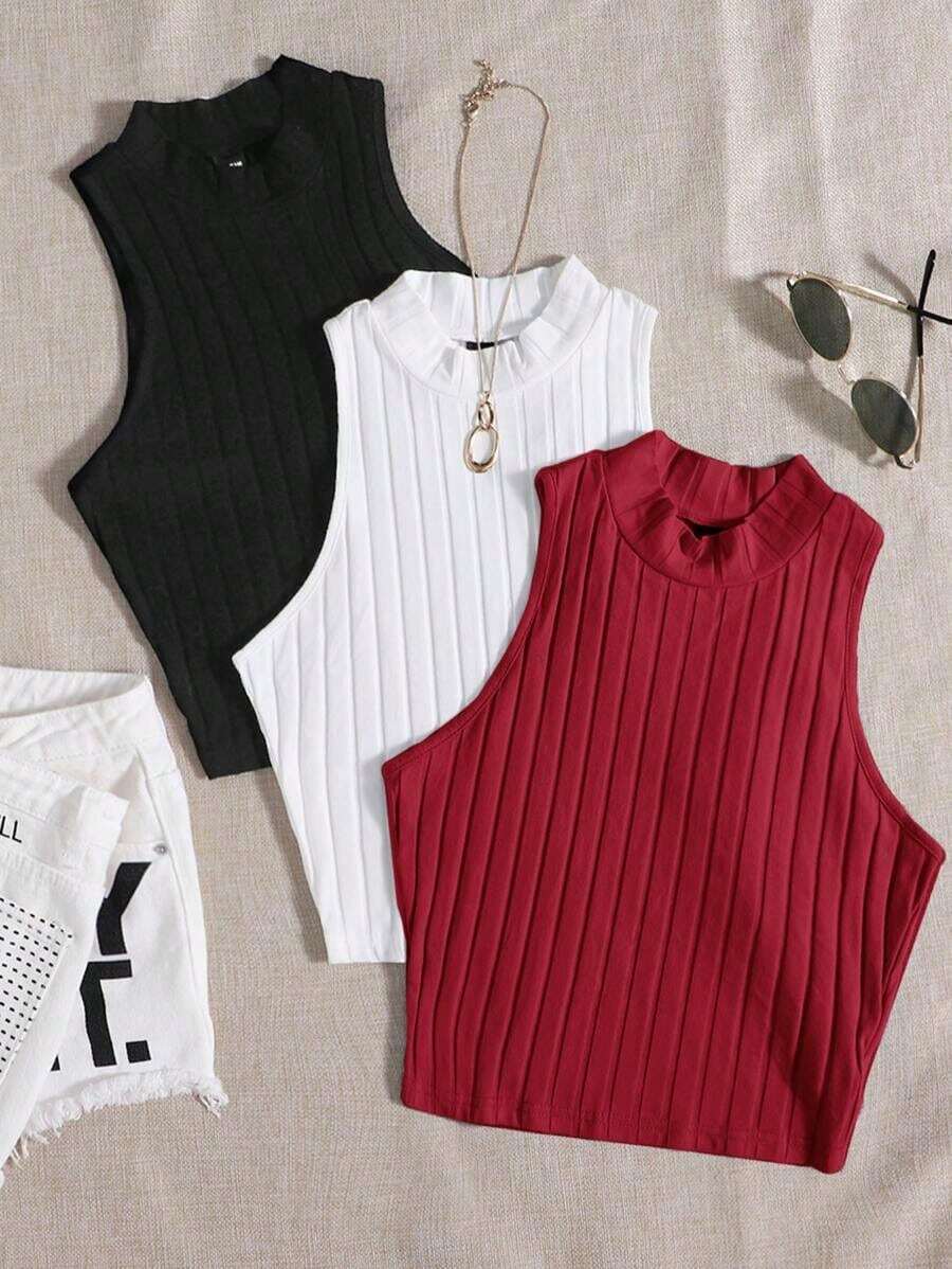 Top de tanque casual sólido de cuello redondo acanalado para el verano - Multicolor 3 - Ver 1